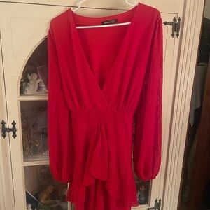 Boohoo Red Wrap Sundress with Plunge Neckline and Bishop Sleeves NWOT 14